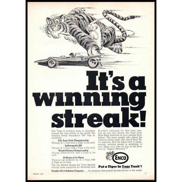 1968 Enco Oil Winning Streak Tiger Racing Vintage Print Ad Exxon Esso Wall Art - Picture 1 of 1